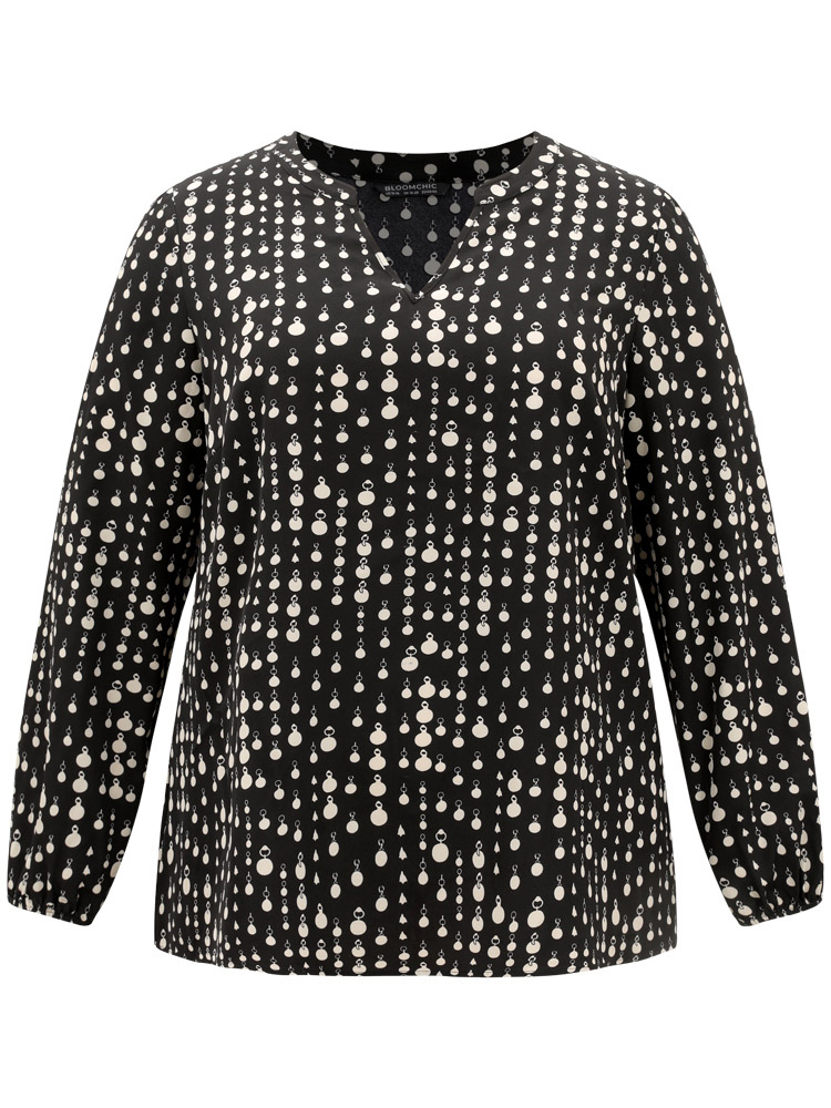 

Plus Size Black Chain Print Notched Lantern Sleeve Blouse Women Office Long Sleeve Notched collar Vacation Blouses BloomChic