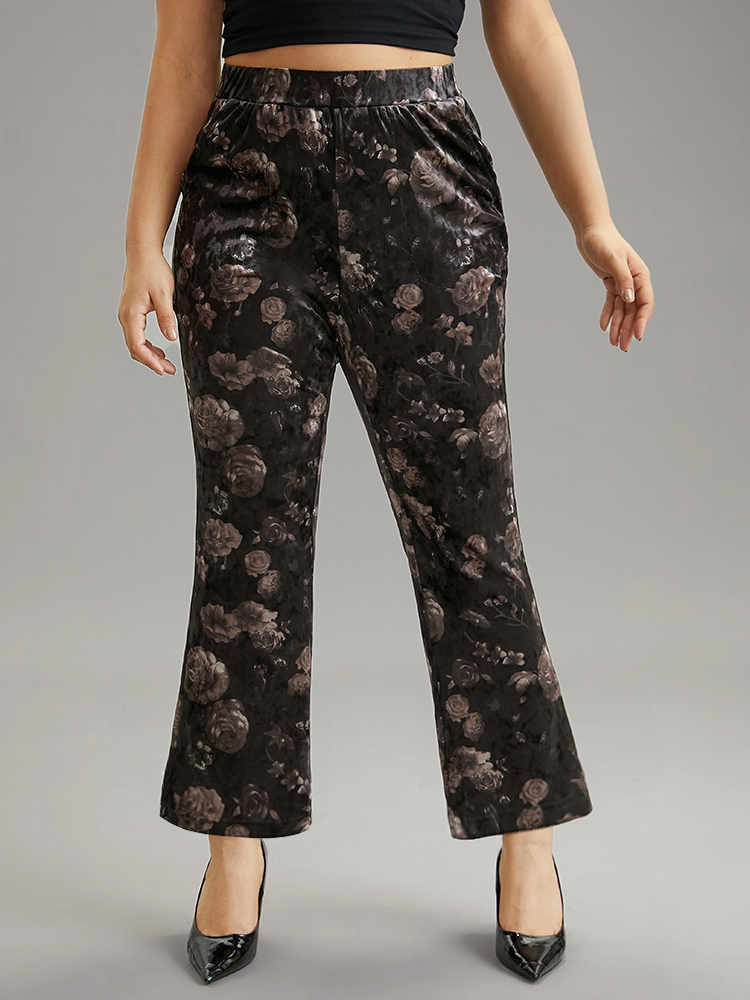 

Plus Size Floral Texture Velvet Flare Leg Pants Women BlackFlower Elegant Flare Leg High Rise Dailywear Pants BloomChic