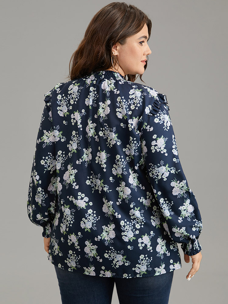 

Plus Size Indigo Ruffle Trim Floral Print Shirred Blouse Women Elegant Long Sleeve Mock Neck Work Blouses BloomChic