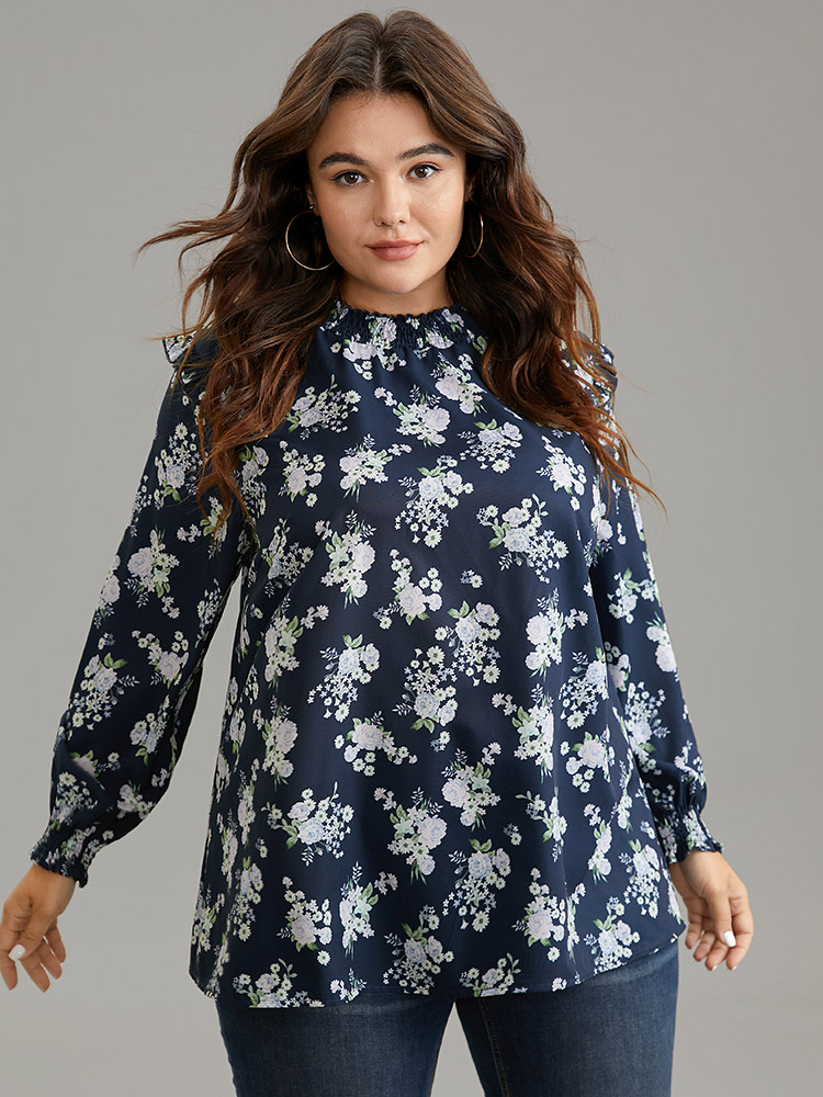 

Plus Size Indigo Ruffle Trim Floral Print Shirred Blouse Women Elegant Long Sleeve Mock Neck Work Blouses BloomChic