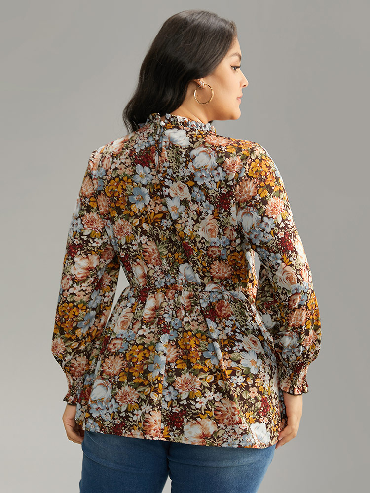 Plus Size DarkBrown Floral Shirred Frill Trim Stand Collar Blouse Women Elegant Long Sleeve Stand-up collar Dailywear Blouses BloomChic 14-16/1X 