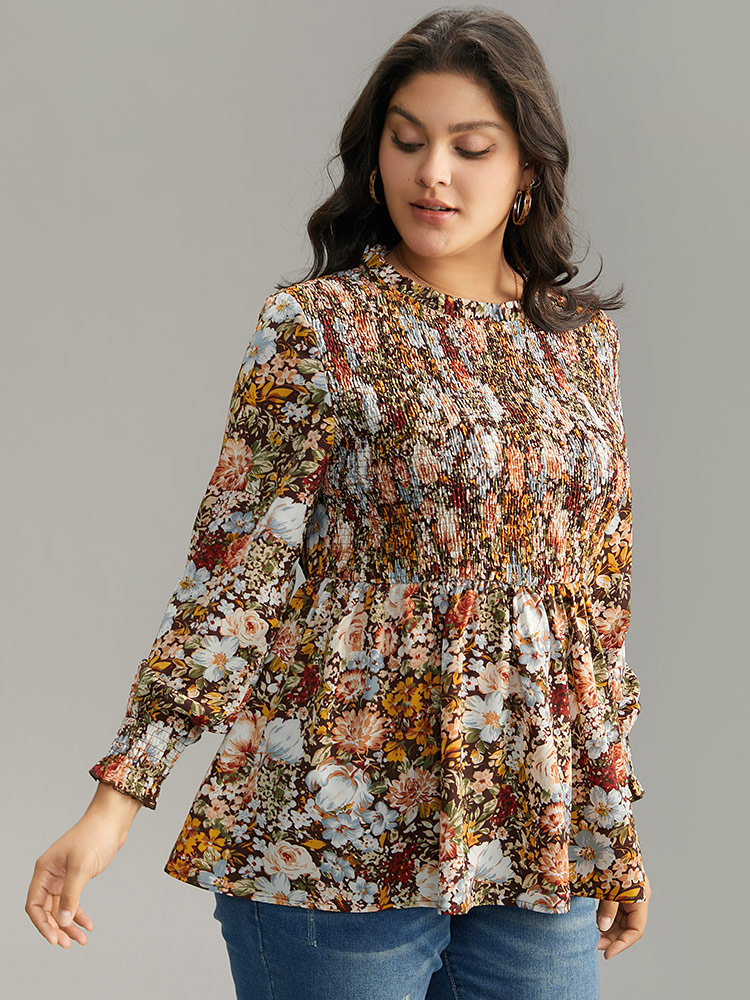 Plus Size DarkBrown Floral Shirred Frill Trim Stand Collar Blouse Women Elegant Long Sleeve Stand-up collar Dailywear Blouses BloomChic 14-16/1X 