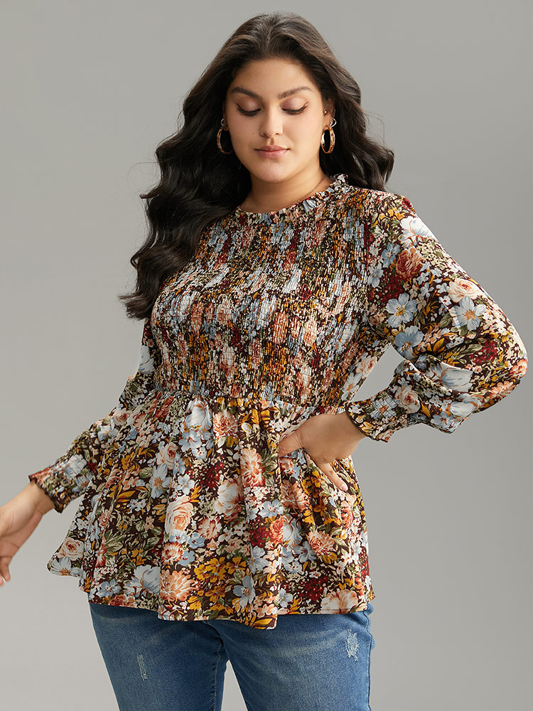 Plus Size DarkBrown Floral Shirred Frill Trim Stand Collar Blouse Women Elegant Long Sleeve Stand-up collar Dailywear Blouses BloomChic 14-16/1X 