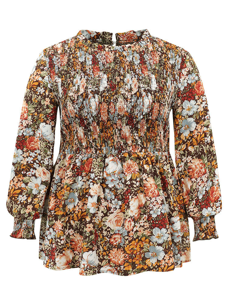Plus Size DarkBrown Floral Shirred Frill Trim Stand Collar Blouse Women Elegant Long Sleeve Stand-up collar Dailywear Blouses BloomChic 14-16/1X 