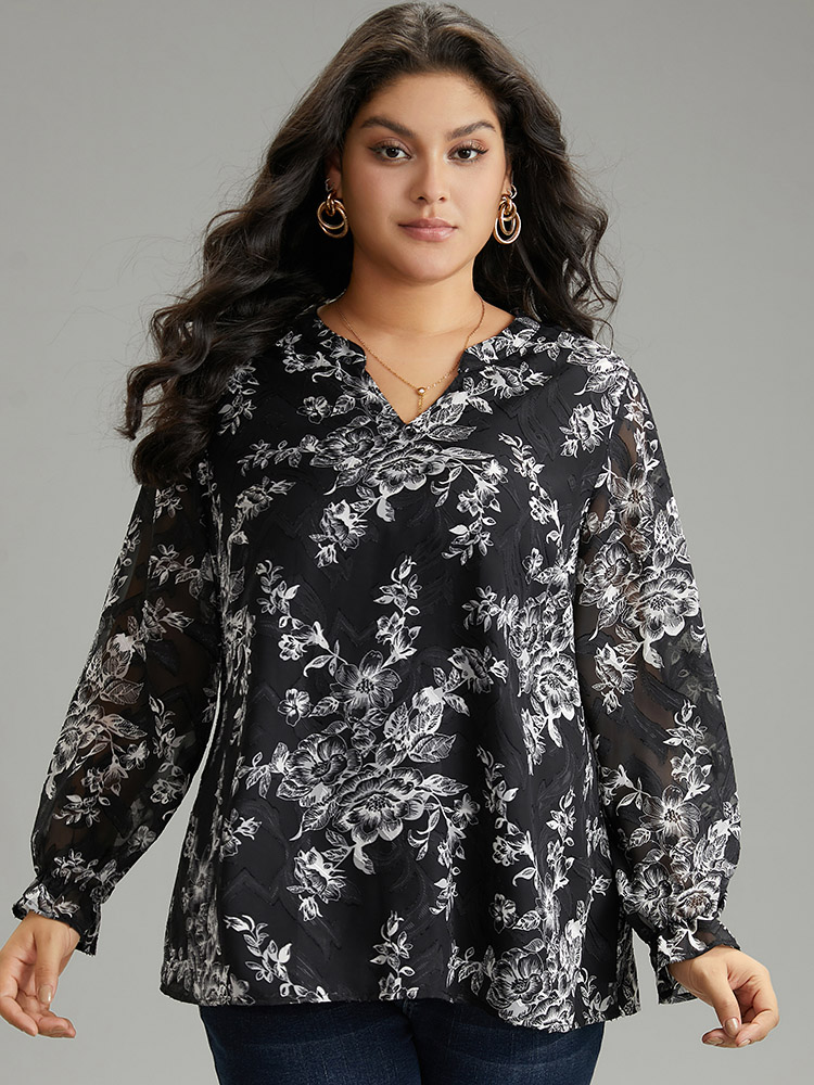 

Plus Size Black Silhouette Floral Print Mesh Chiffon Blouse Women Elegant Long Sleeve Notched collar Everyday Blouses BloomChic