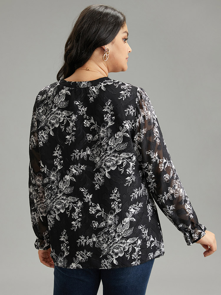 Plus Size Black Silhouette Floral Print Mesh Chiffon Blouse Women Elegant Long Sleeve Notched collar Everyday Blouses BloomChic 26/4X 