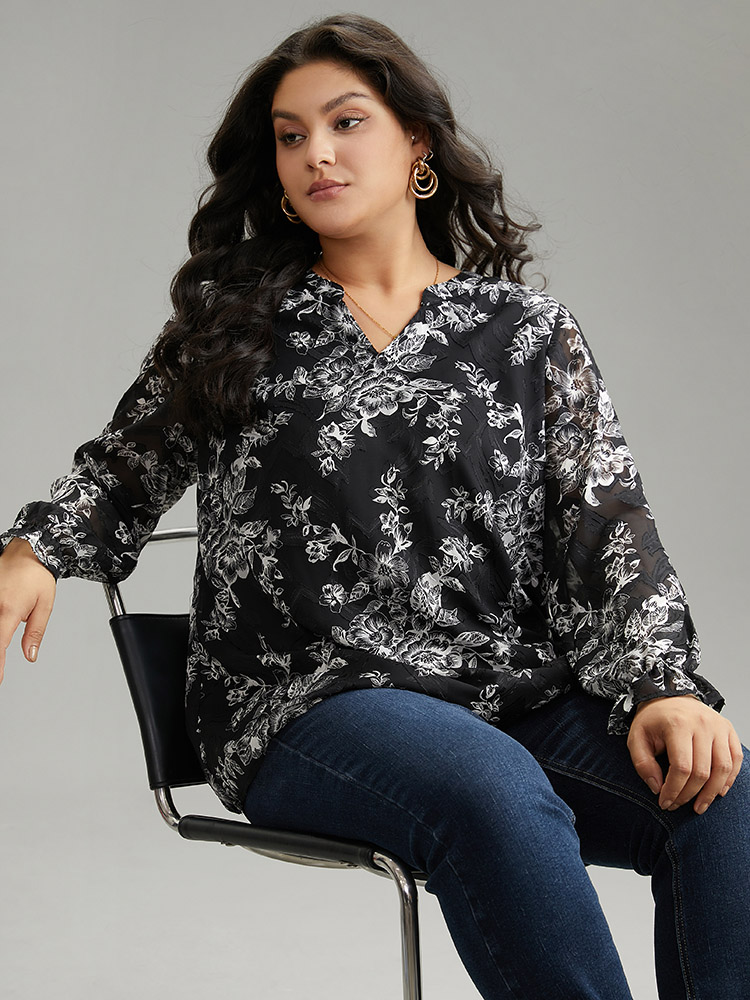 Plus Size Black Silhouette Floral Print Mesh Chiffon Blouse Women Elegant Long Sleeve Notched collar Everyday Blouses BloomChic 26/4X 