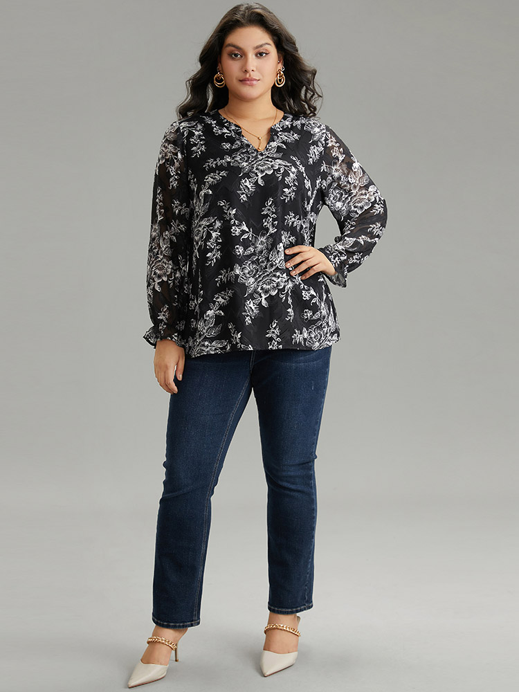 Plus Size Black Silhouette Floral Print Mesh Chiffon Blouse Women Elegant Long Sleeve Notched collar Everyday Blouses BloomChic 26/4X 