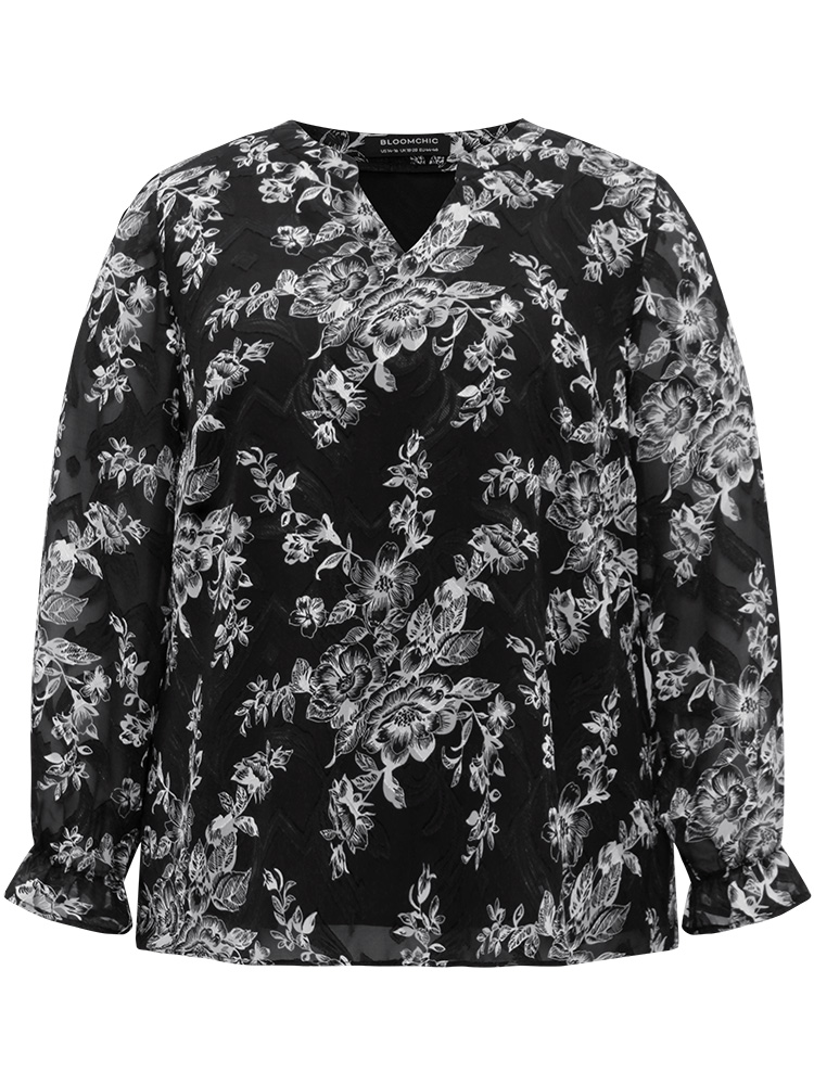 Plus Size Black Silhouette Floral Print Mesh Chiffon Blouse Women Elegant Long Sleeve Notched collar Everyday Blouses BloomChic 26/4X 