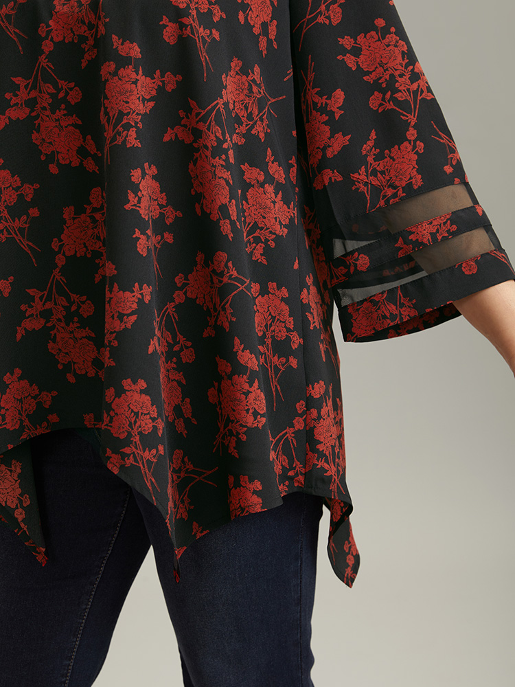 

Plus Size Red Silhouette Floral Print Patchwork Mesh Hanky Hem Blouse Women Elegant Elbow-length sleeve V-neck Everyday Blouses BloomChic