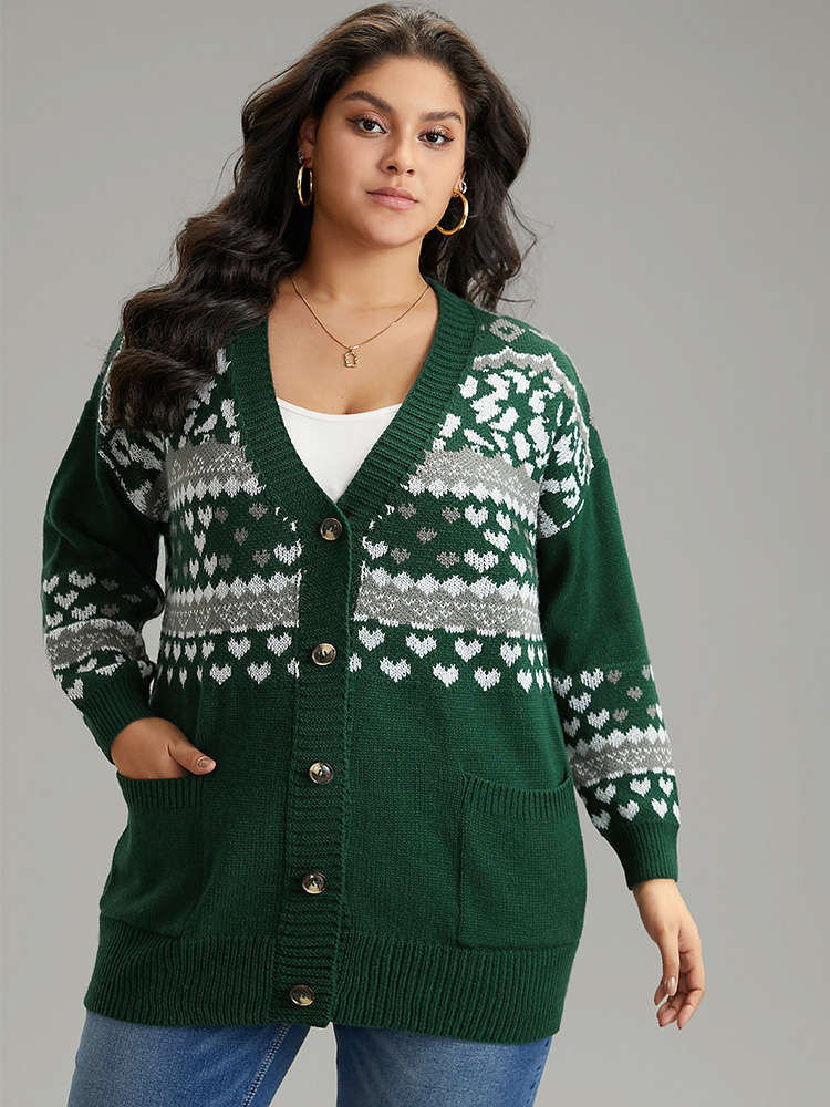 

Plus Size Christmas Jacquard Button Up Pocket Cardigan DarkGreen Women Casual Loose Long Sleeve Festival-Christmas Cardigans BloomChic