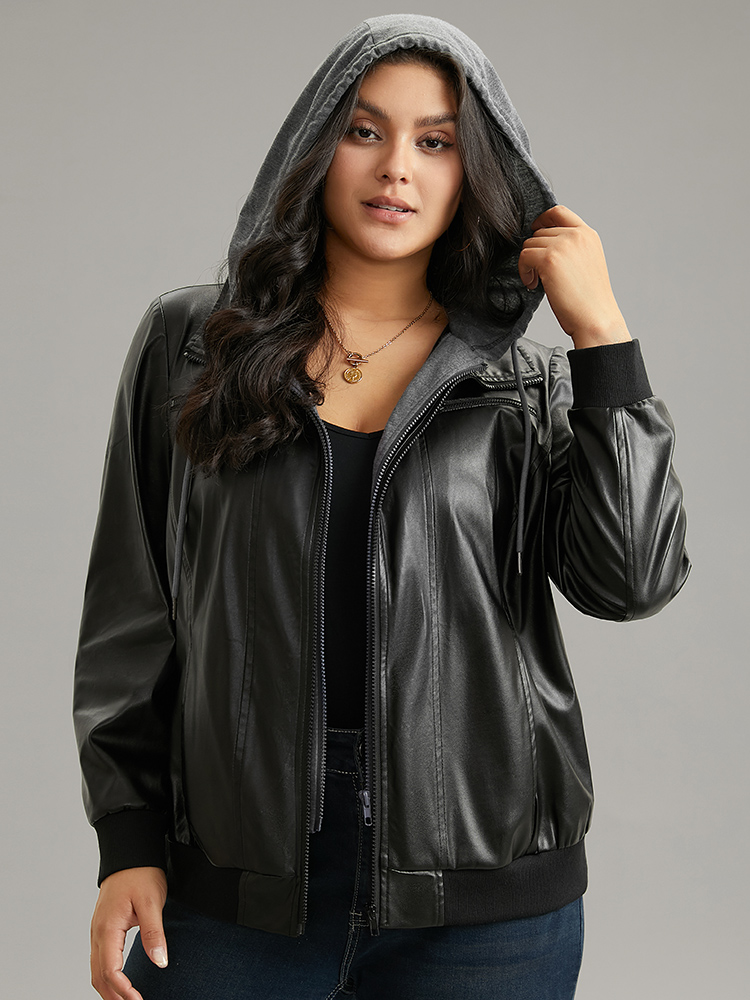 Plus Size PU Leather Patchwork Hooded Drawstring Rib Knit Jacket Women Black Rib Knit Pocket Dailywear Jackets BloomChic 28/5X 