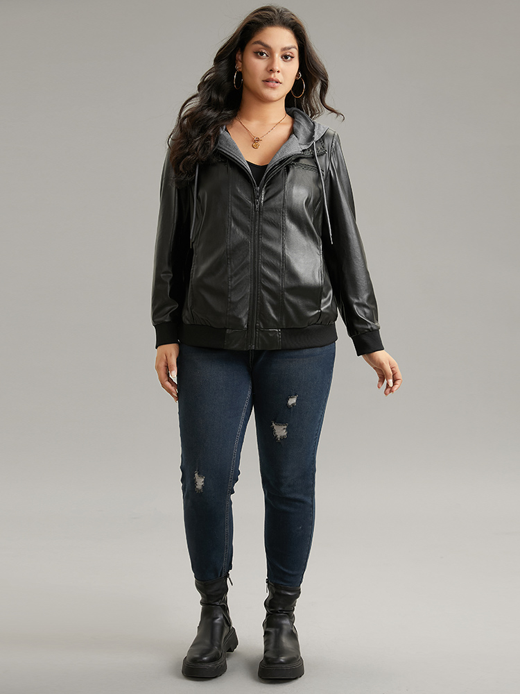 Plus Size PU Leather Patchwork Hooded Drawstring Rib Knit Jacket Women Black Rib Knit Pocket Dailywear Jackets BloomChic 28/5X 