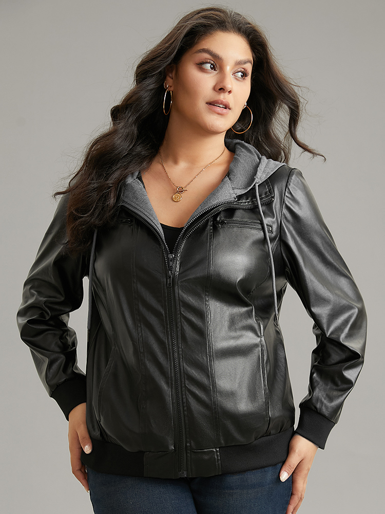 Plus Size PU Leather Patchwork Hooded Drawstring Rib Knit Jacket Women Black Rib Knit Pocket Dailywear Jackets BloomChic 28/5X 
