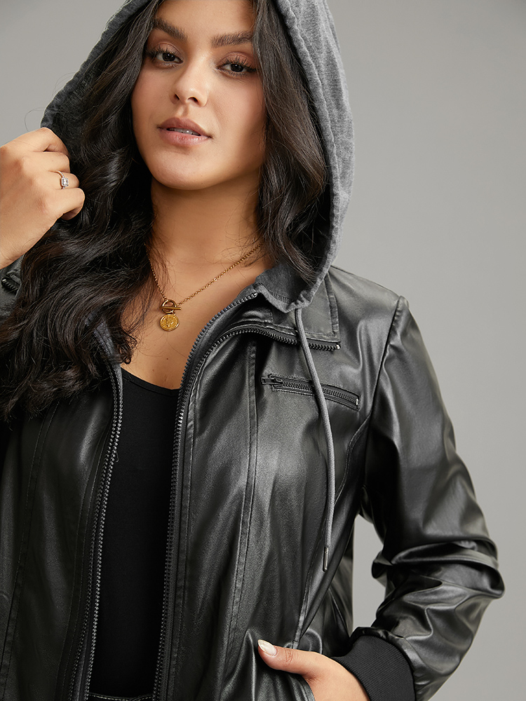 Plus Size PU Leather Patchwork Hooded Drawstring Rib Knit Jacket Women Black Rib Knit Pocket Dailywear Jackets BloomChic 28/5X 