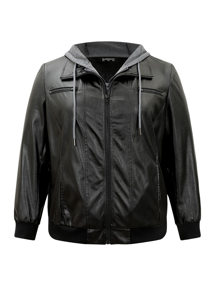 Plus Size PU Leather Patchwork Hooded Drawstring Rib Knit Jacket Women Black Rib Knit Pocket Dailywear Jackets BloomChic 28/5X 