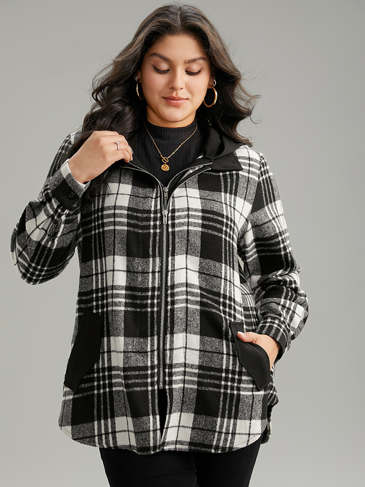 

Plus Size Plaid Patchwork Zipper Contrast Hooded Jacket Women Black Contrast Pocket Everyday Jackets BloomChic