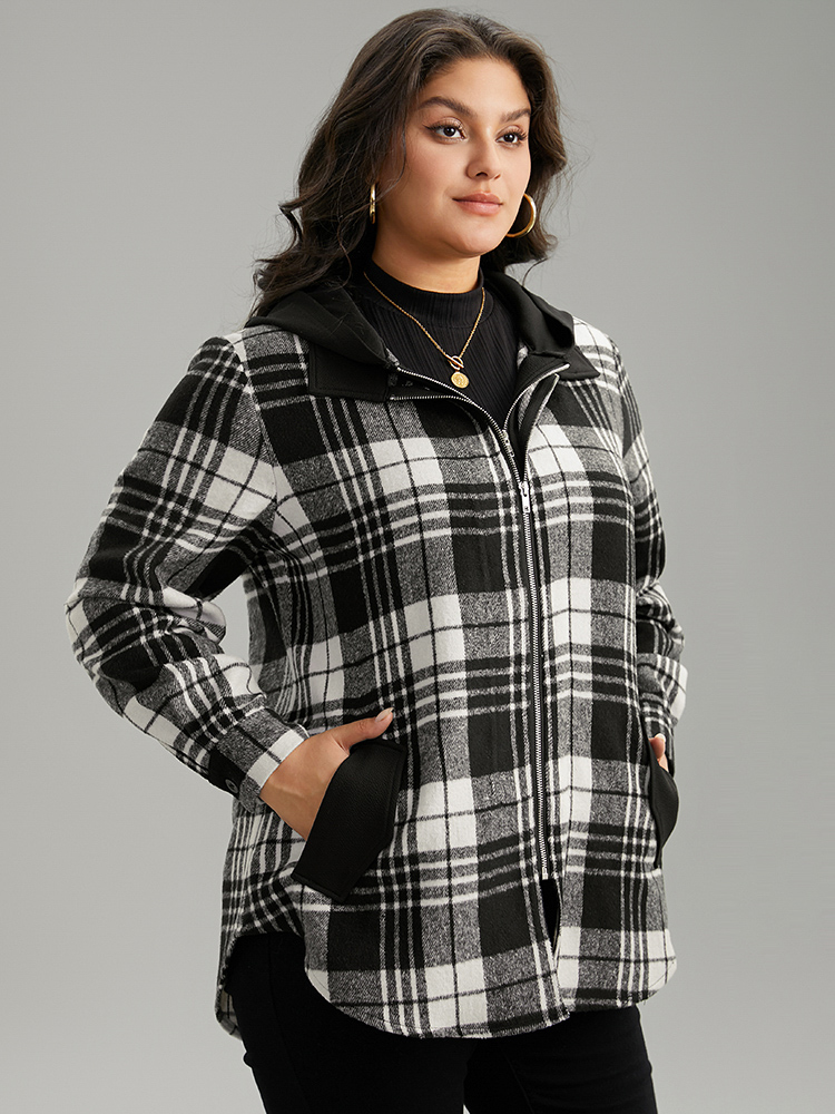 Plus Size Plaid Patchwork Zipper Contrast Hooded Jacket Women Black Contrast Pocket Everyday Jackets BloomChic 28/5X 