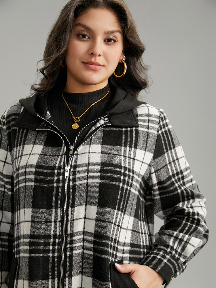 Plus Size Plaid Patchwork Zipper Contrast Hooded Jacket Women Black Contrast Pocket Everyday Jackets BloomChic 28/5X 