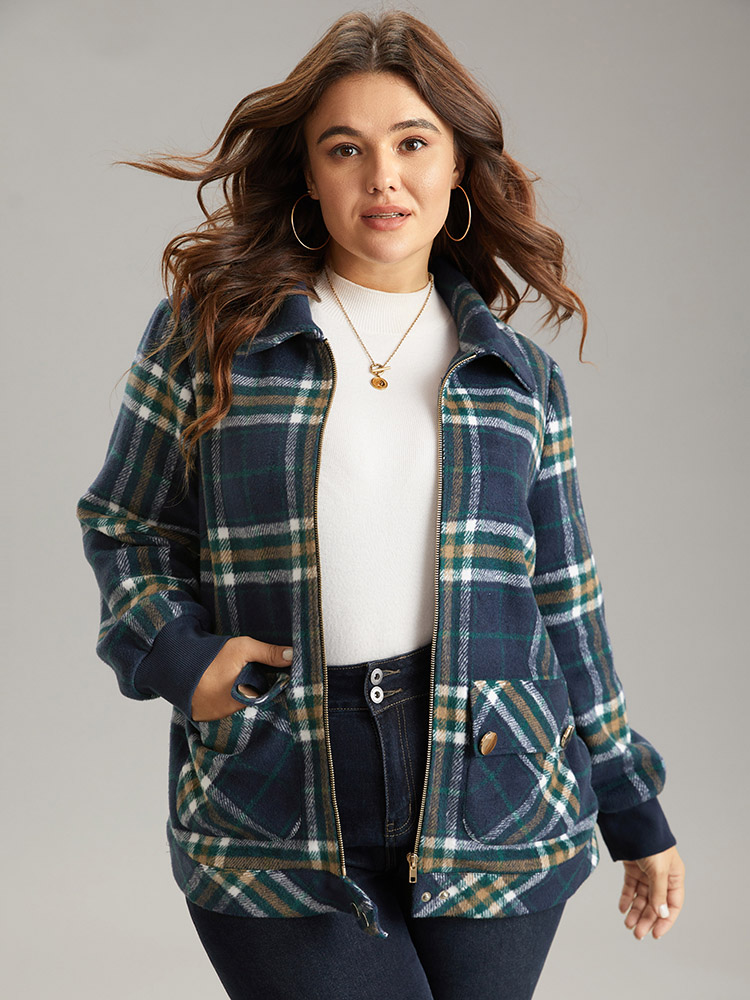 Plus Size Women Dailywear Plaid Zipper Pocket Casual Jackets BloomChic 