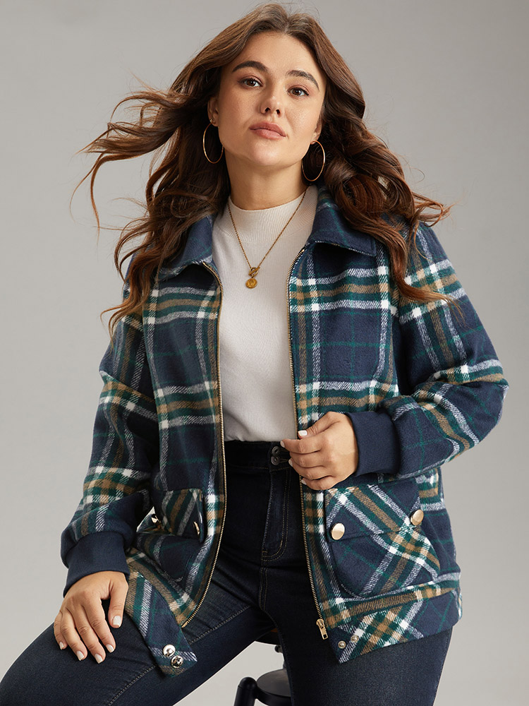 Plus Size Women Dailywear Plaid Zipper Pocket Casual Jackets BloomChic 