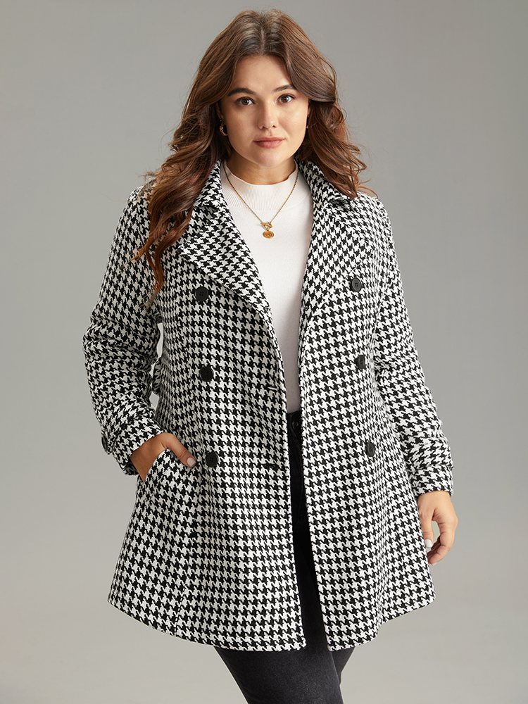 

Plus Size Houndstooth Double Breasted Belted Coat Women Black Casual Lined Ladies Dailywear Winter Coats BloomChic