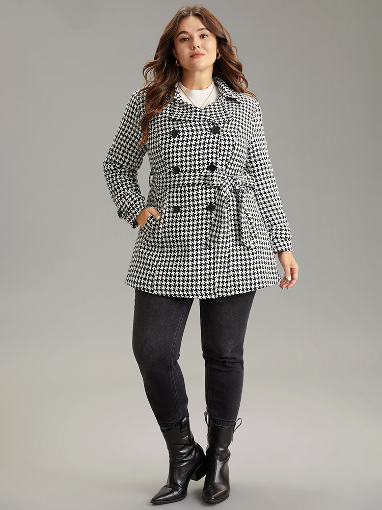 

Plus Size Houndstooth Double Breasted Belted Coat Women Black Casual Lined Ladies Dailywear Winter Coats BloomChic