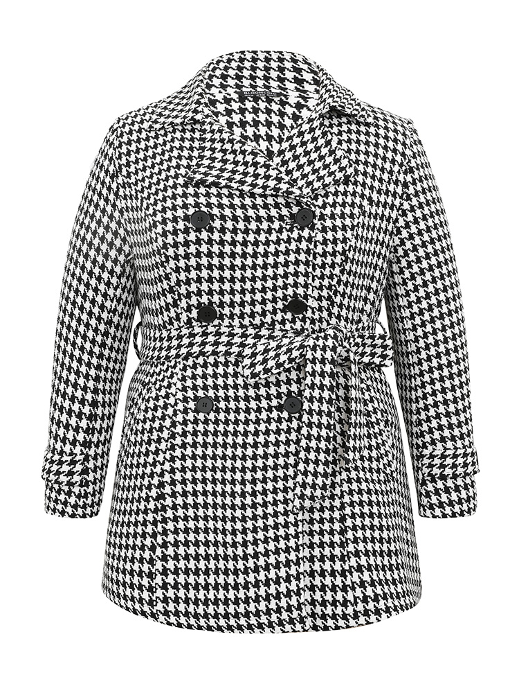 Plus Size Houndstooth Double Breasted Belted Coat Women Black Casual Lined Ladies Dailywear Winter Coats BloomChic 26/4X 