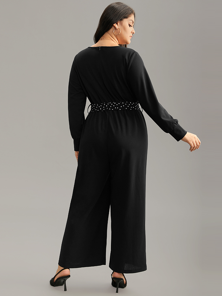 

Plus Size Black Polka Dot Belted Pocket Elastic Waist Jumpsuit Women Casual Long Sleeve Round Neck Everyday Loose Jumpsuits BloomChic