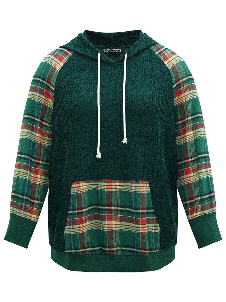 

Plus Size Plaid Contrast Pocket Rib Knit Hooded Sweatshirt Women Green Casual Rib Knit Hooded Festival-Christmas Sweatshirts BloomChic