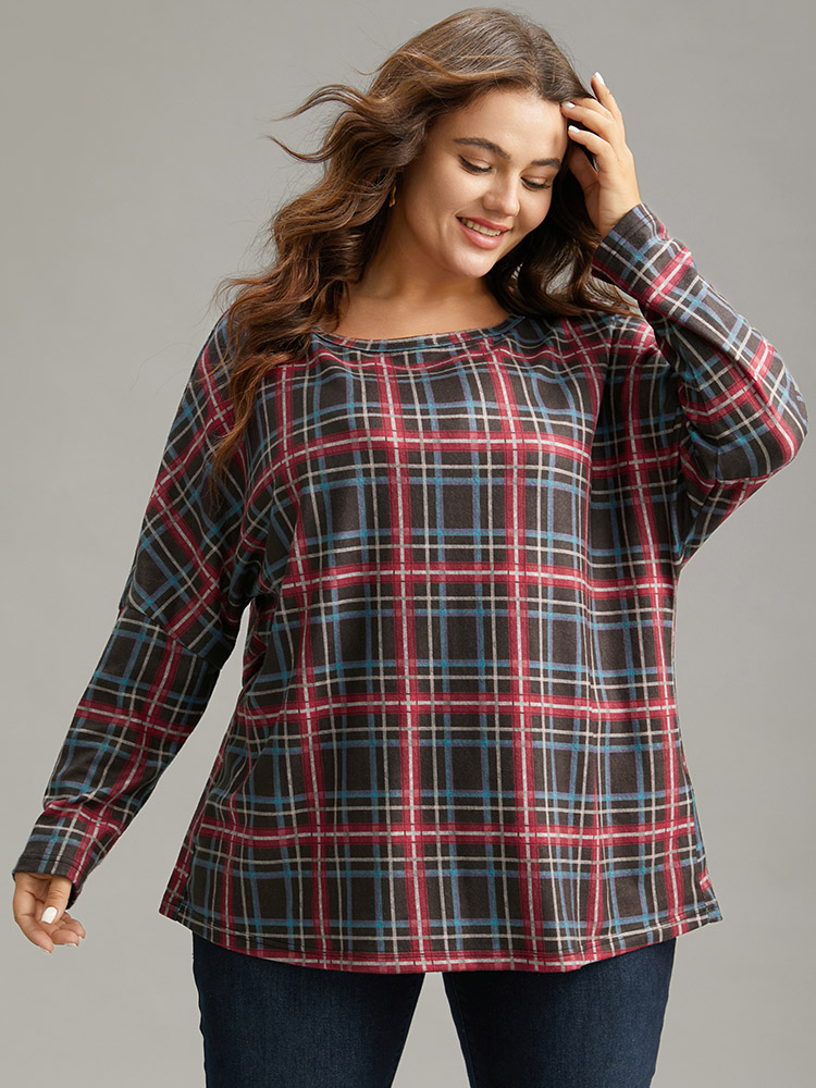 

Plus Size Plaid Dolman Sleeve Round Neck T-shirt Multicolor Women Casual Contrast Plaid Round Neck Festival-Christmas T-shirts BloomChic