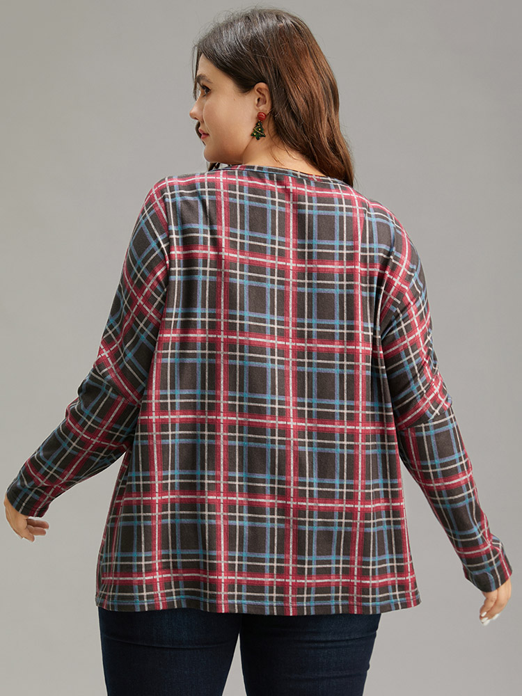 Plus Size Plaid Dolman Sleeve Round Neck T-shirt Multicolor Women Casual Contrast Plaid Round Neck Festival-Christmas T-shirts BloomChic 12/L 