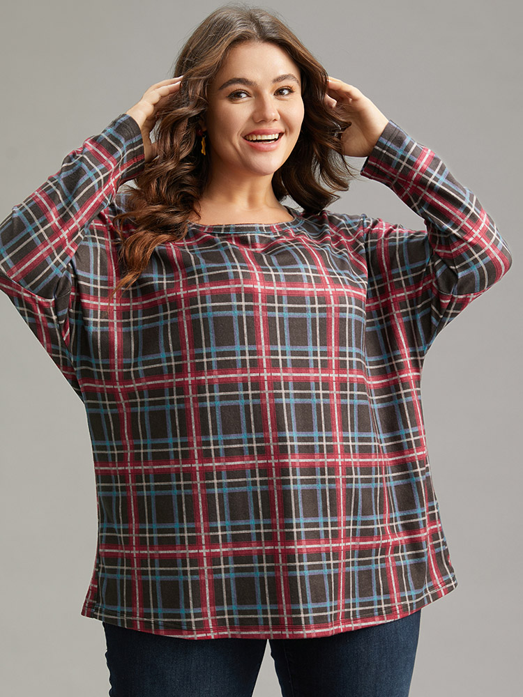 Plus Size Plaid Dolman Sleeve Round Neck T-shirt Multicolor Women Casual Contrast Plaid Round Neck Festival-Christmas T-shirts BloomChic 12/L 