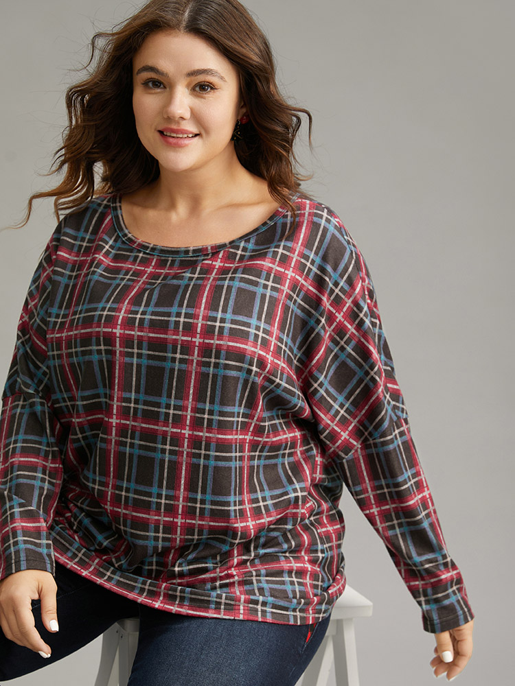 Plus Size Plaid Dolman Sleeve Round Neck T-shirt Multicolor Women Casual Contrast Plaid Round Neck Festival-Christmas T-shirts BloomChic 12/L 
