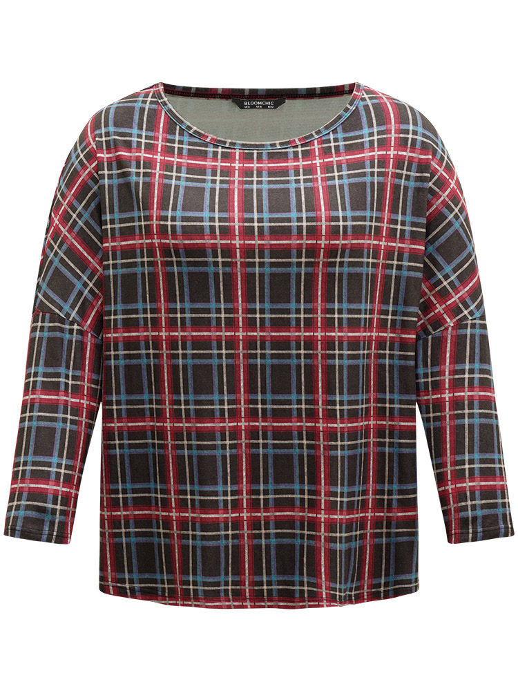 Plus Size Plaid Dolman Sleeve Round Neck T-shirt Multicolor Women Casual Contrast Plaid Round Neck Festival-Christmas T-shirts BloomChic 12/L 