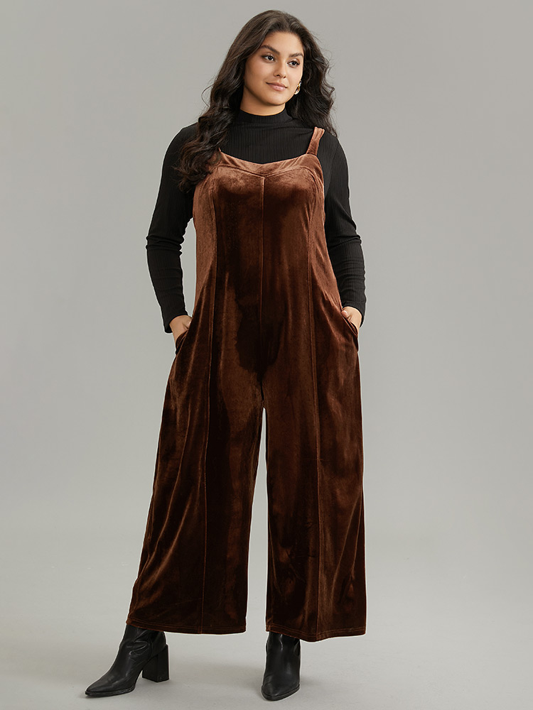 

Plus Size Chocolate Plain Velvet Spaghetti Strap Pocket Jumpsuit Women Casual Sleeveless Spaghetti Strap Dailywear Loose Jumpsuits BloomChic