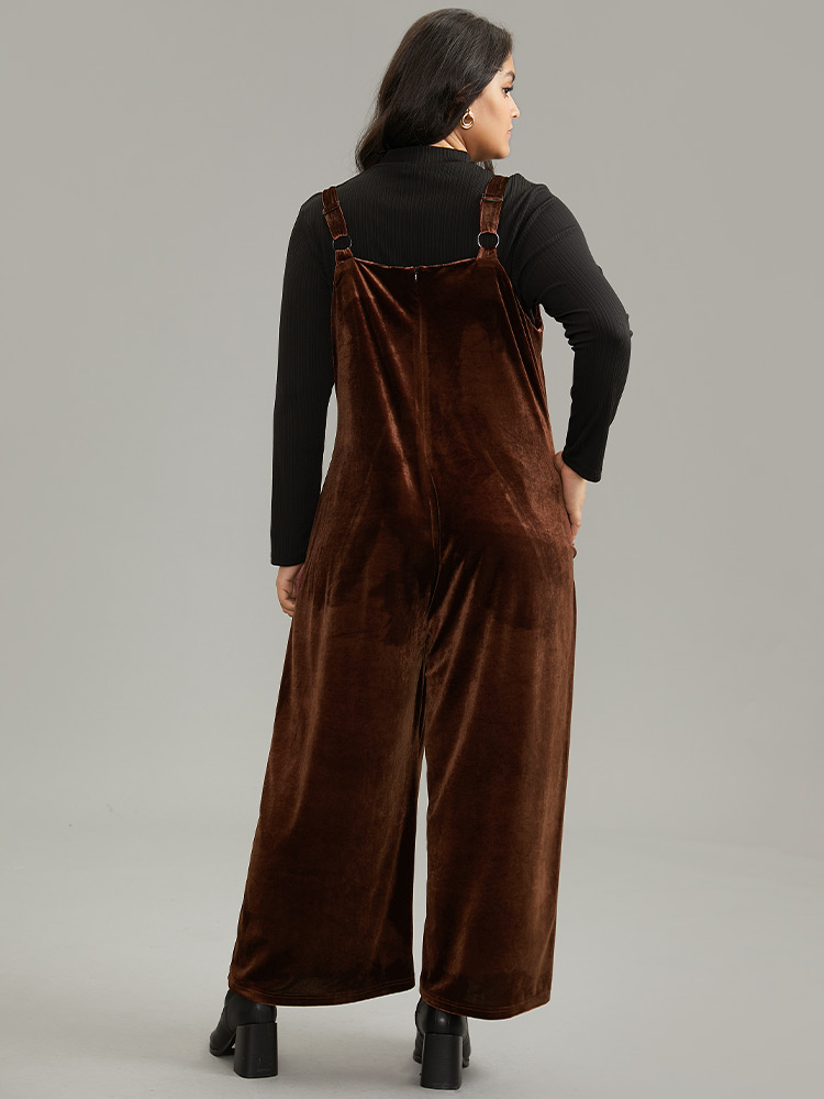 Plus Size Chocolate Plain Velvet Spaghetti Strap Pocket Jumpsuit Women Casual Sleeveless Spaghetti Strap Dailywear Loose Jumpsuits BloomChic 22-24/3X 