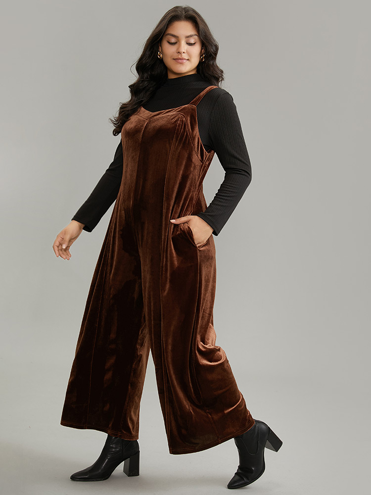 Plus Size Chocolate Plain Velvet Spaghetti Strap Pocket Jumpsuit Women Casual Sleeveless Spaghetti Strap Dailywear Loose Jumpsuits BloomChic 22-24/3X 