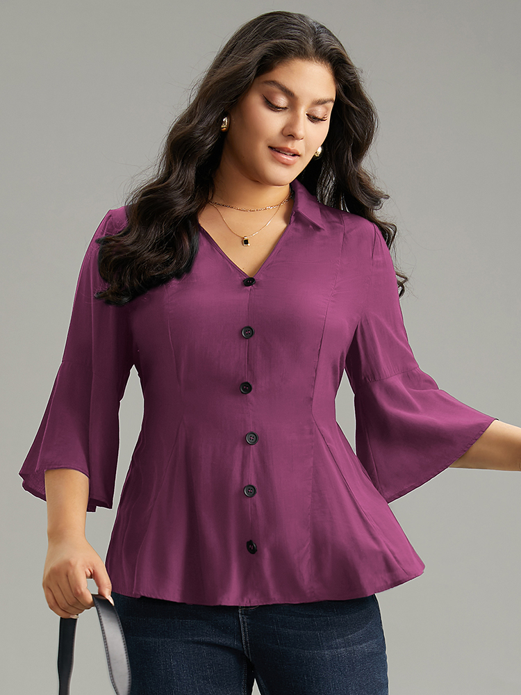 

Plus Size Purple Plain Button Detail Bell Sleeve Blouse Women Office Elbow-length sleeve Shirt collar Work Blouses BloomChic