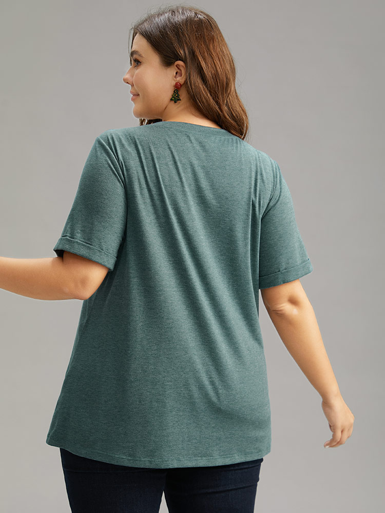 Plus Size Christmas Trees Print Cuffed Sleeve T-shirt DarkGreen Women Casual Printed Christmas Festival-Christmas T-shirts BloomChic 10/M 