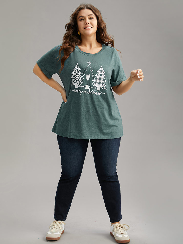 Plus Size Christmas Trees Print Cuffed Sleeve T-shirt DarkGreen Women Casual Printed Christmas Festival-Christmas T-shirts BloomChic 10/M 