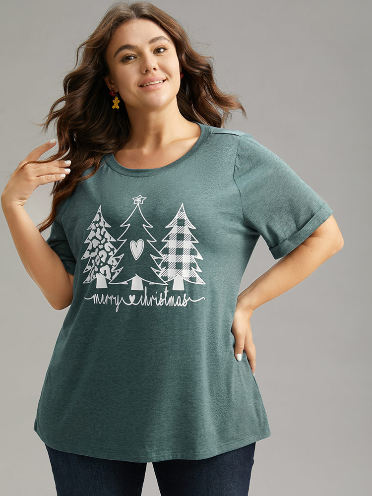 Plus Size Christmas Trees Print Cuffed Sleeve T-shirt DarkGreen Women Casual Printed Christmas Festival-Christmas T-shirts BloomChic 10/M 