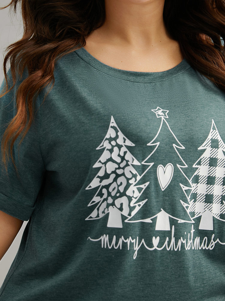 Plus Size Christmas Trees Print Cuffed Sleeve T-shirt DarkGreen Women Casual Printed Christmas Festival-Christmas T-shirts BloomChic 10/M 