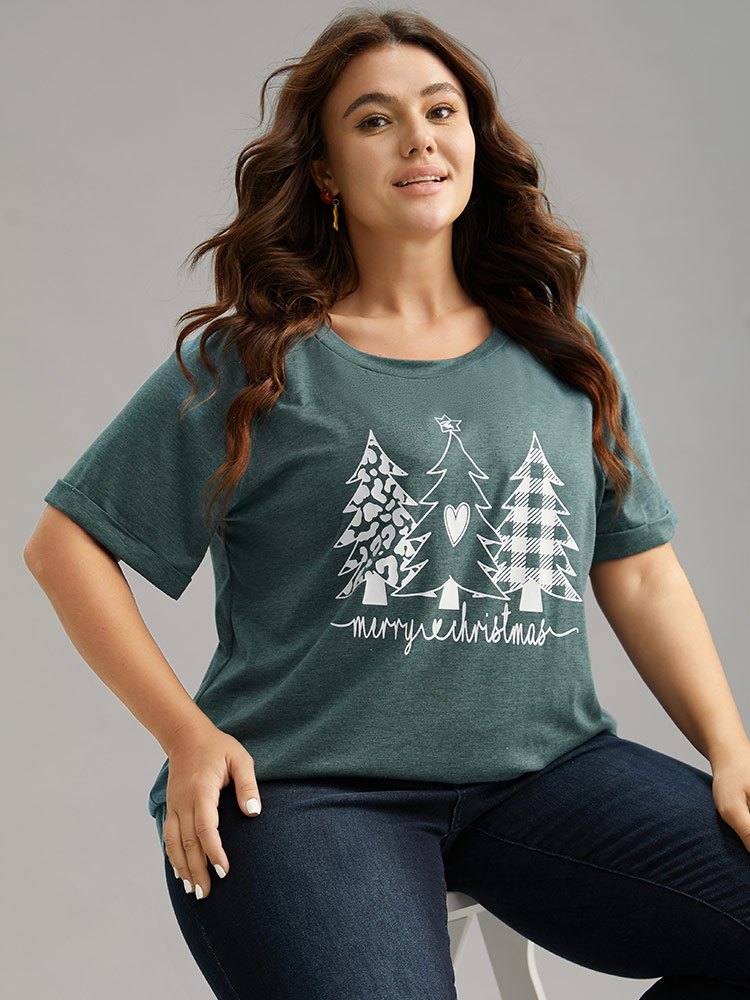 Plus Size Christmas Trees Print Cuffed Sleeve T-shirt DarkGreen Women Casual Printed Christmas Festival-Christmas T-shirts BloomChic 10/M 