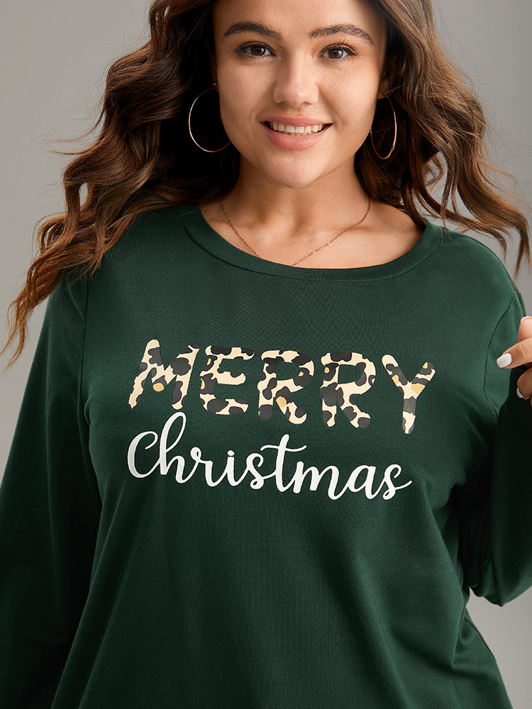 

Plus Size Christmas Letter Leopard Round Neck Sweatshirt Women DarkGreen Casual Printed Festival-Christmas Sweatshirts BloomChic