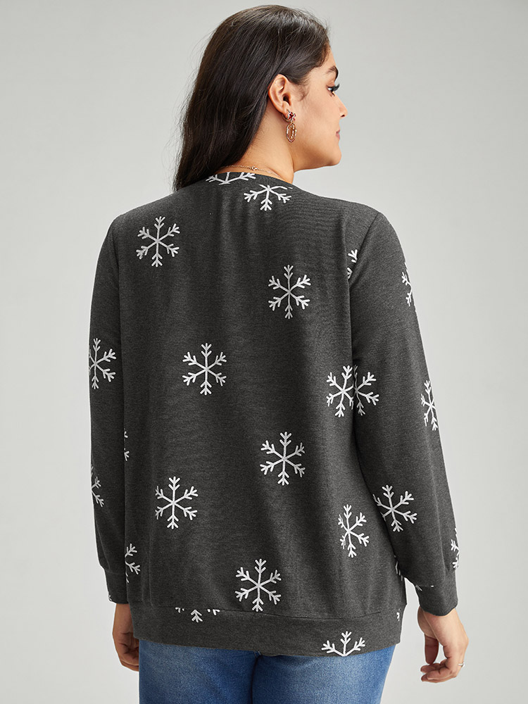 Plus Size Snowflake Print Round Neck Sweatshirt Women DimGray Casual Contrast Round Neck Festival-Christmas Sweatshirts BloomChic 12/L 