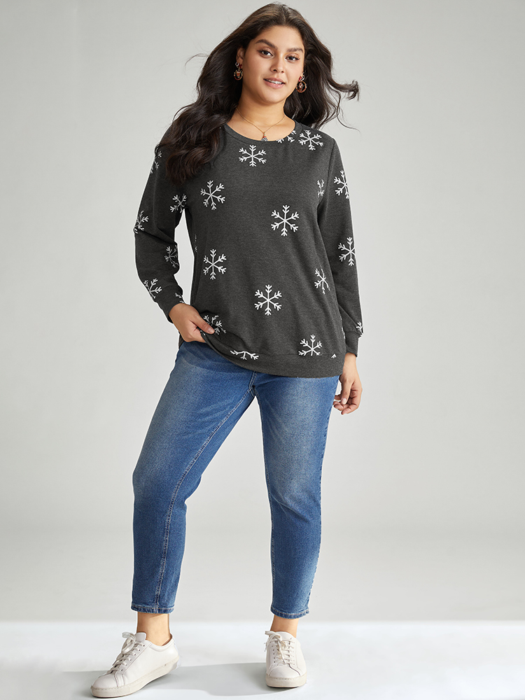 Plus Size Snowflake Print Round Neck Sweatshirt Women DimGray Casual Contrast Round Neck Festival-Christmas Sweatshirts BloomChic 12/L 