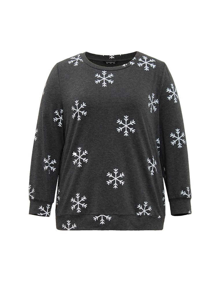 Plus Size Snowflake Print Round Neck Sweatshirt Women DimGray Casual Contrast Round Neck Festival-Christmas Sweatshirts BloomChic 12/L 