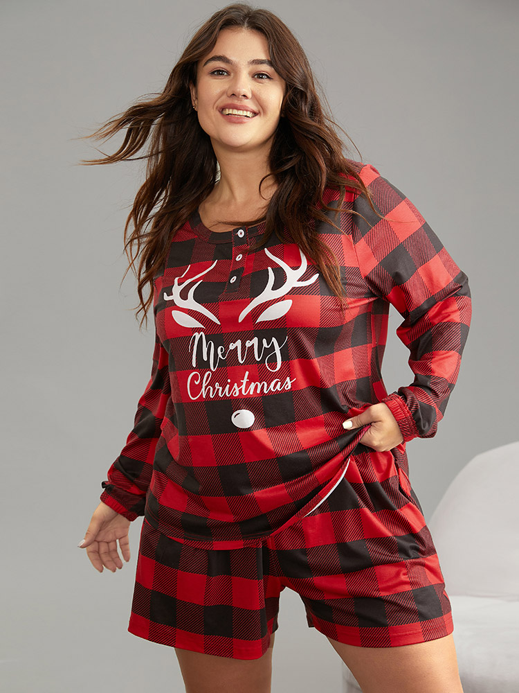 

Plus Size Christmas Print Plaid Button Up Sleep Top Red Christmas Festival-Christmas Casual  Bloomchic