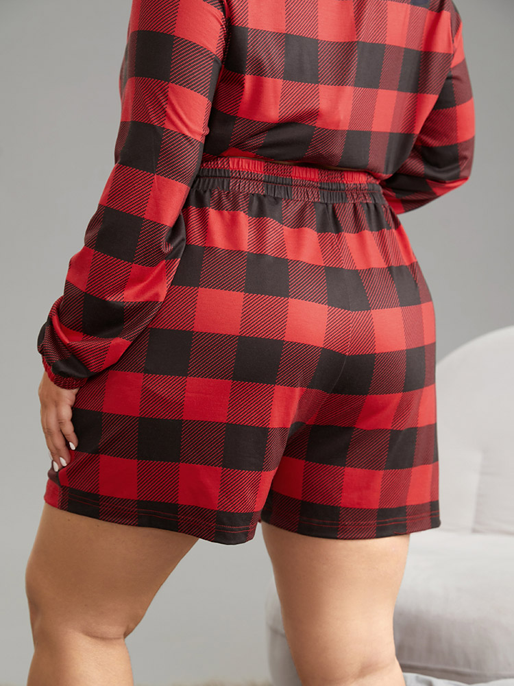 

Plus Size Plaid Elastic Waist Drawstring Sleep Shorts Red Pocket Casual Festival-Christmas Plaid Sleep Bottoms  Bloomchic